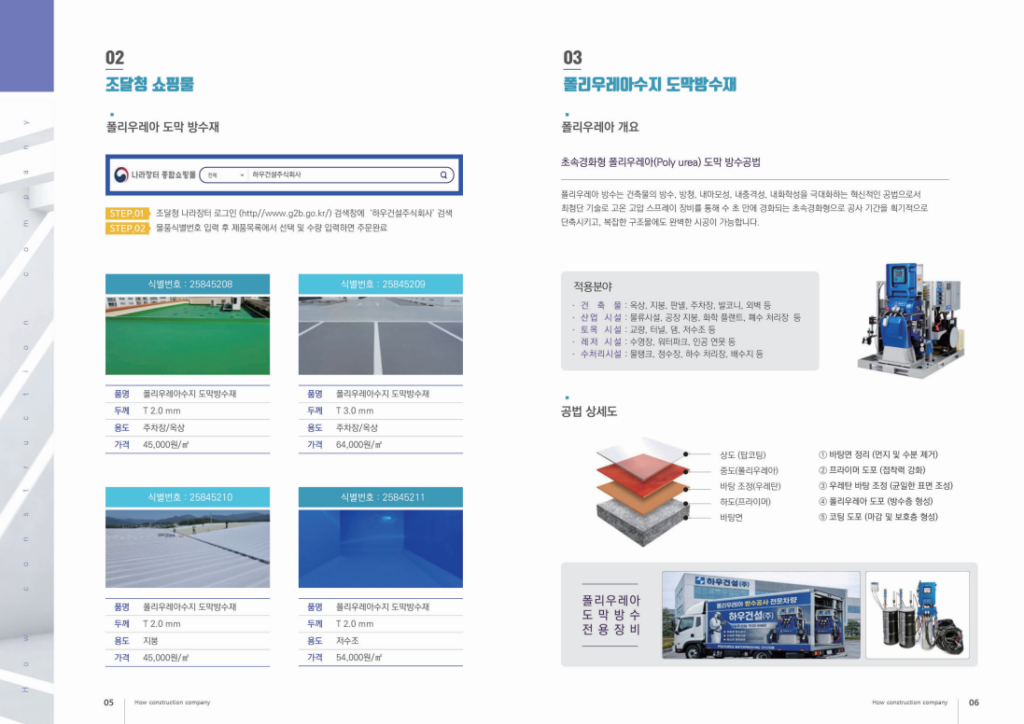 하우건설 회사 카탈로그 중 자재와 장비 소개 지면
